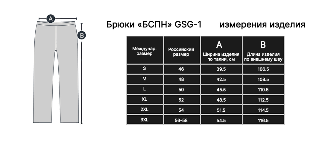 Размеры брюк Гарсинг БСПН