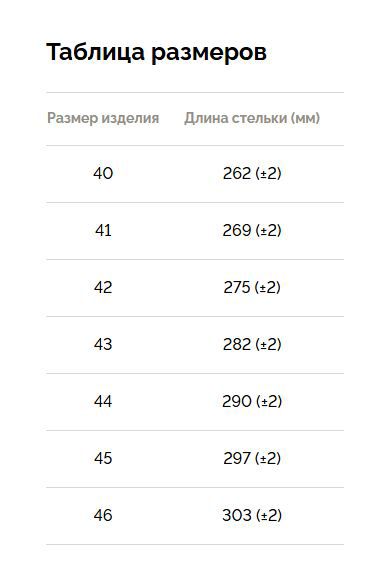 Размерная сетка мужской обуви Alment