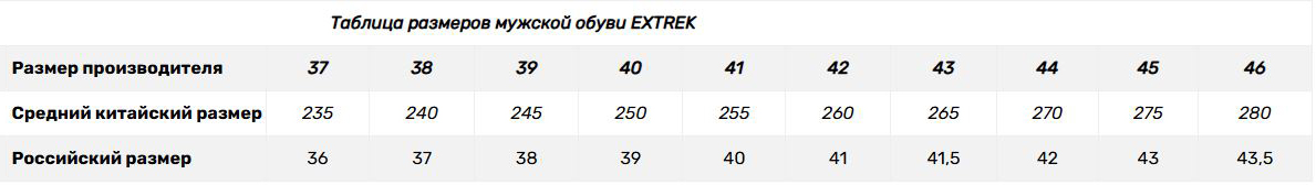Размерная сетка мужской обуви Extrek