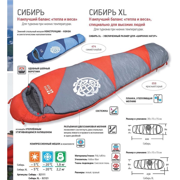 Спальный мешок Nova Tour Сибирь Красный/Серый