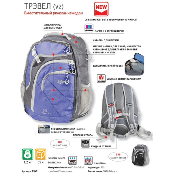 Рюкзак Nova Tour Трэвел 35 V2 Серый/синий