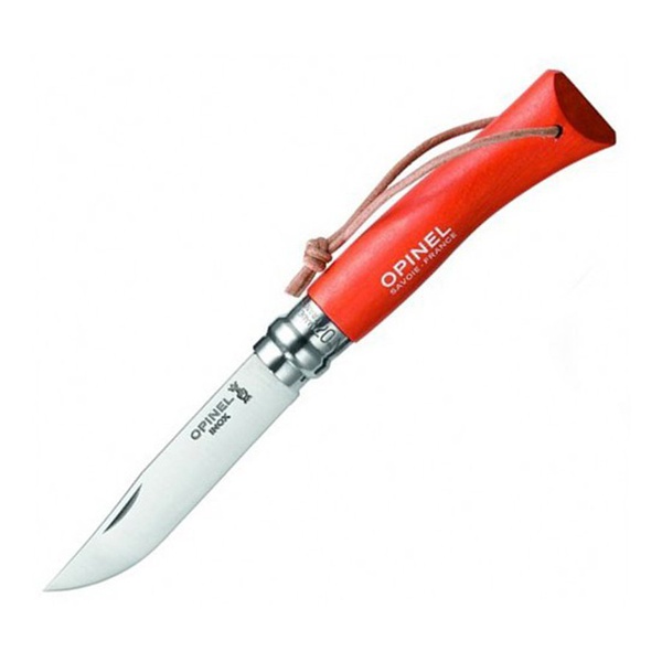 Нож Opinel №8 Trekking нержавеющая сталь, кожаный темляк красный