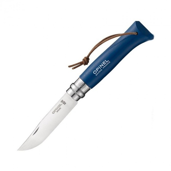 Нож Opinel №8 Trekking нержавеющая сталь, кожаный темляк синий