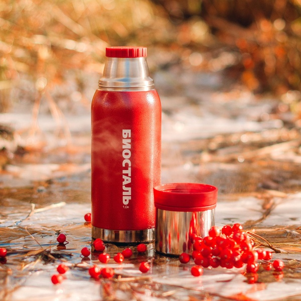 Термос Biostal Охота NBA-1000R (с молотковой эмалью, 2 чашки-крышки) красный, 1 л