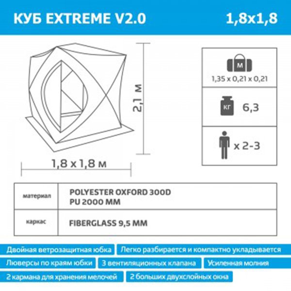 Палатка для зимней рыбалки Helios Куб Extreme V2.0 1,8x1,8 (широкий вход)