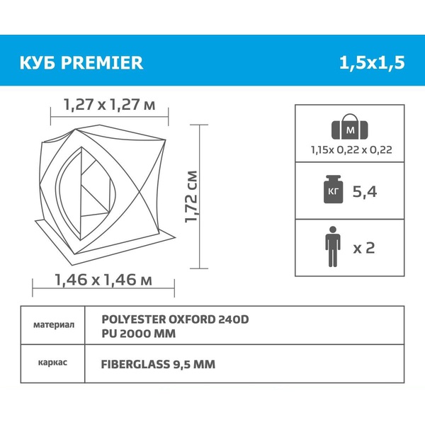 Палатка для зимней рыбалки Premier Куб Комфорт 1,5х1,5 (утеплённая)