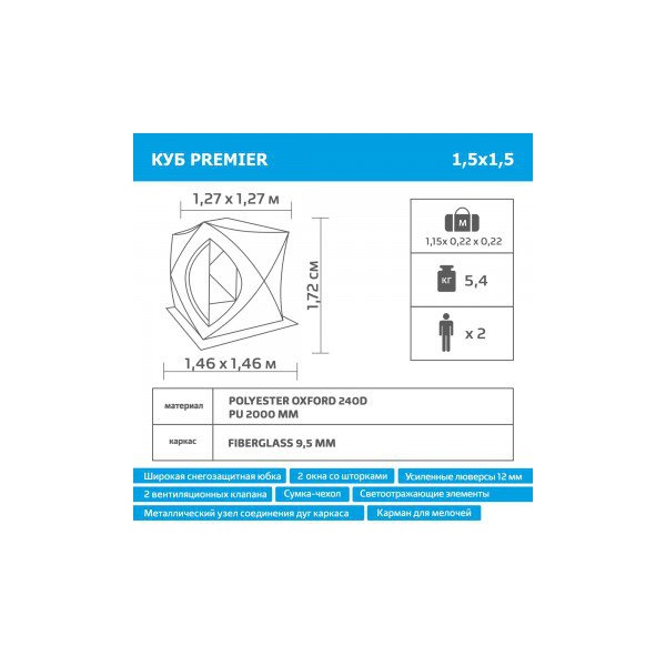 Палатка зимняя Premier Куб 1,5x1,5 бирюзово/серый