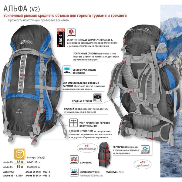 Рюкзак Nova Tour Альфа 85 V2 Серый/синий