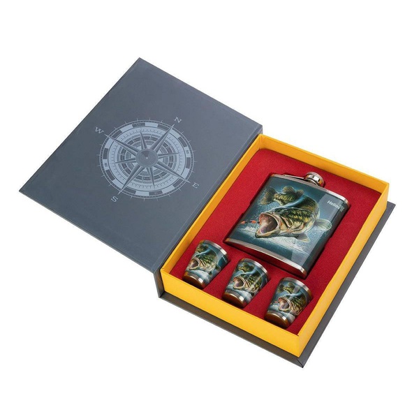 Набор (фляжка + 3 стопки) Helios Книга рыбака (HS-KR-F-A20)