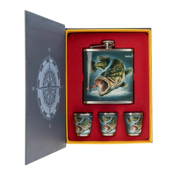 Набор (фляжка + 3 стопки) Helios Книга рыбака (HS-KR-F-A20)