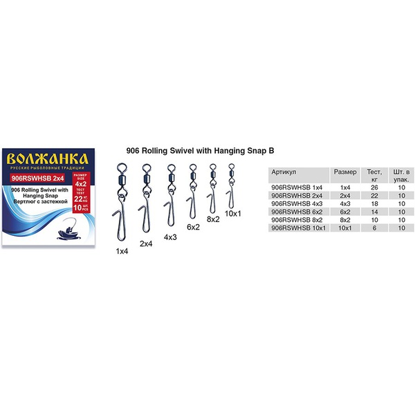 Вертлюг с застежкой Волжанка 906 Rolling Swivel with Hanging Snap B (10шт/уп) 1х4 (тест 26кг)