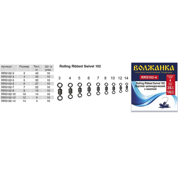 Вертлюг Волжанка Rolling Ribbed Swivel 102 (10шт/уп) # 14 (тест 4кг)