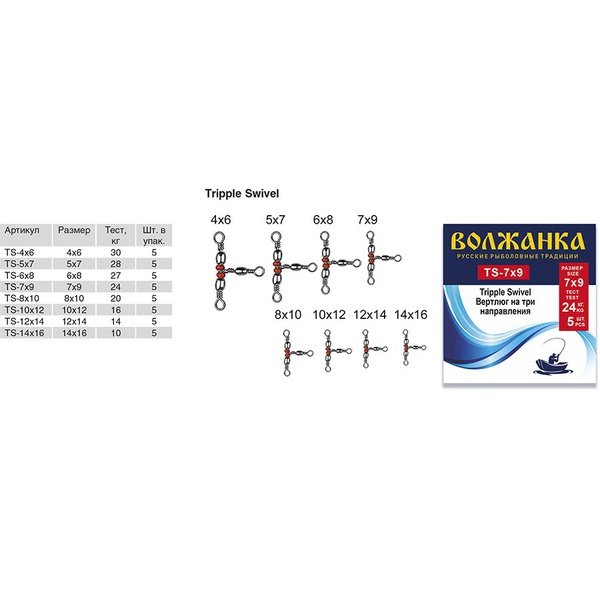 Вертлюг Волжанка Tripple Swivel (5шт/уп ) # 14х16 (тест 10кг)