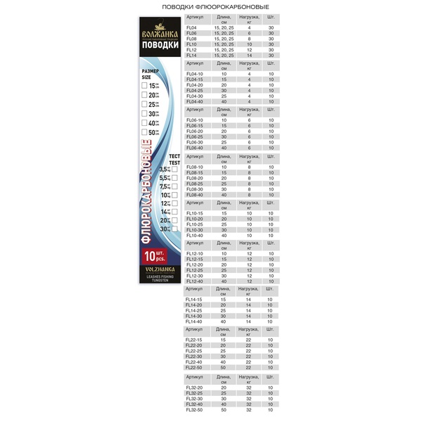 Набор флюорокарбоновых поводков Волжанка (40 см/10 шт.уп.) 12 кг