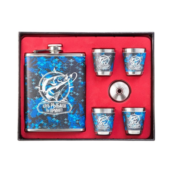 Набор Helios Клуб рыбаков HS-2021-A4 (фляжка 240 мл + 4 стопки + воронка)
