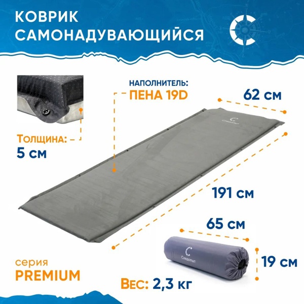 Коврик самонадувающийся Следопыт Premium 191x62x5 см