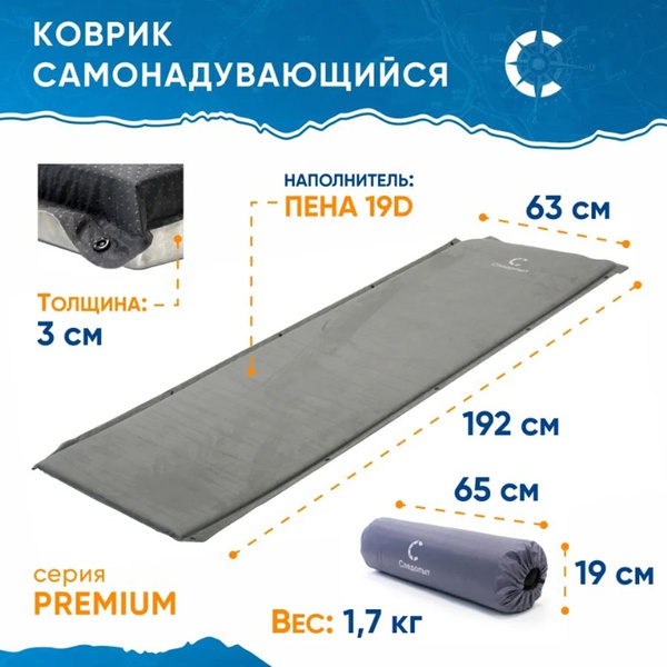 Коврик самонадувающийся Следопыт Premium 192x63x3 см