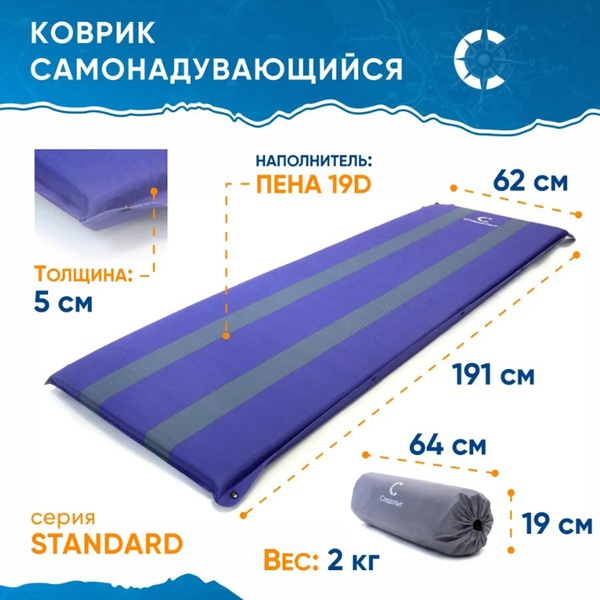 Коврик самонадувающийся Следопыт Standart 191x62x5 см