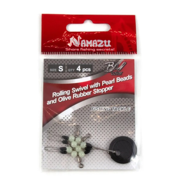 Стопор с вертлюгом Namazu Rolling Swivel Pearl Beads and Olive Rubber Stopper S (уп. 4 шт)