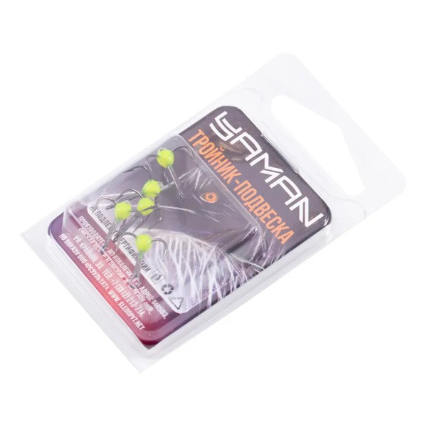 Крючок-тройник Яман (с каплей и глазком, 5 шт) флуоресцентный желтый, №12