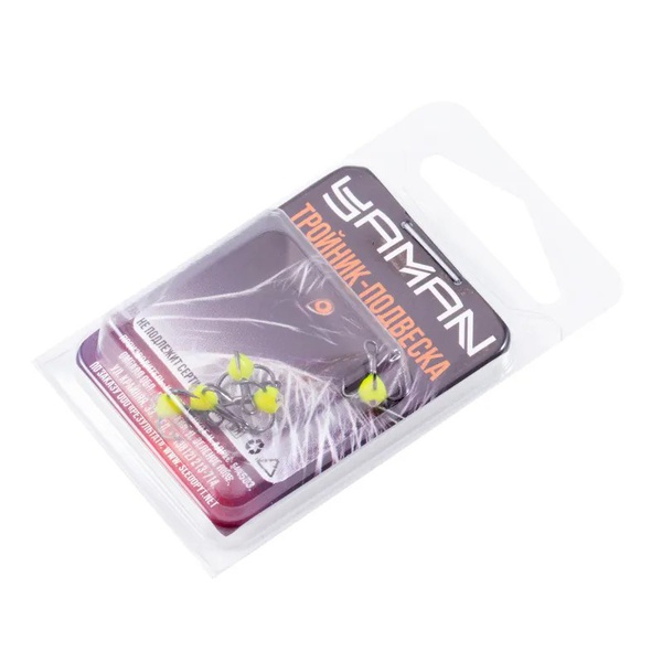 Крючок-тройник Яман (с каплей и глазком, 5 шт) флуоресцентный желтый, №16