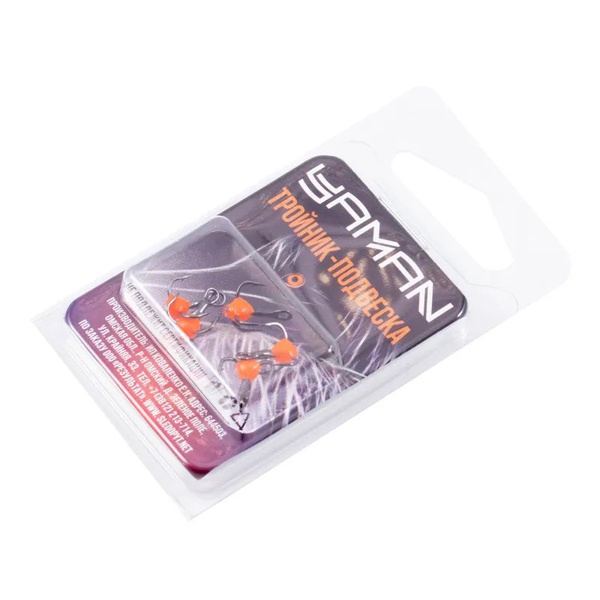 Крючок-тройник Яман (с каплей и глазком, 5 шт) флуоресцентный красный, №16