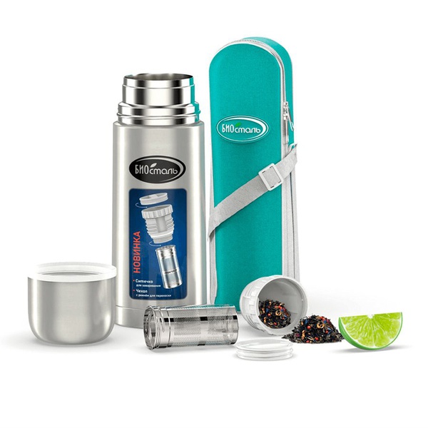 Термос Biostal NB-BZ с ситечком и чехлом стальной, 0,35 л