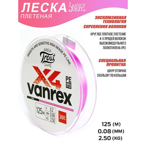 Леска плетёная Lucky John Area Trout Game х4 Braid Pink 125/008