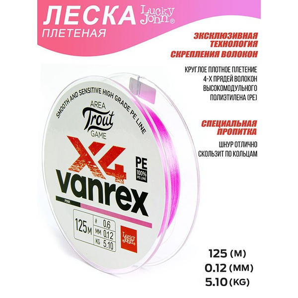 Леска плетёная Lucky John Area Trout Game х4 Braid Pink 125/012