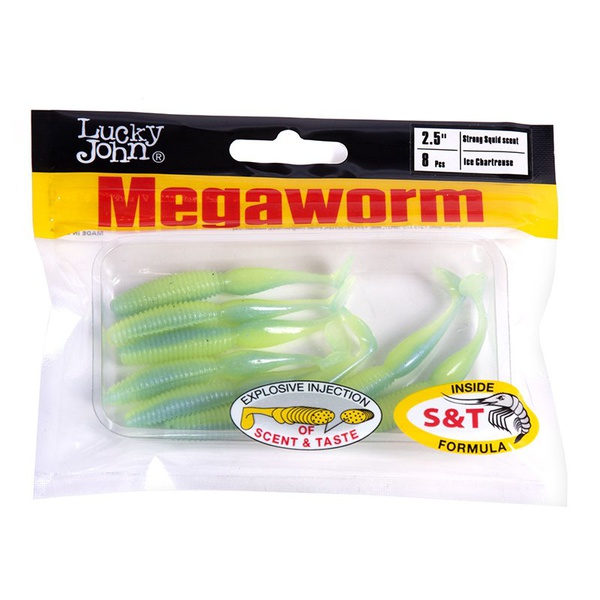 Виброхвосты съедобные Lucky John Pro Series MegaWorm 2,5" (6,3см) 8шт T57