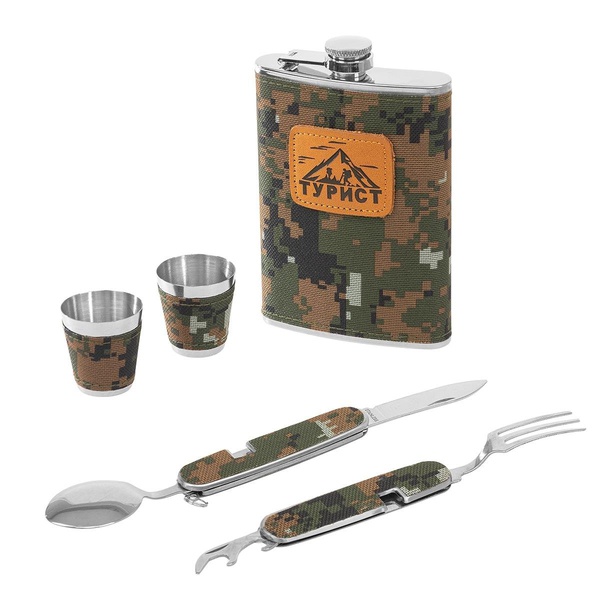 Набор Helios Турист (фляжка 270 мл + 2 стопки + складные вилка и ложка)