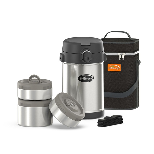 Термос для еды Biostal 2,1 л с 3-мя металлическими контейнерами, с термочехлом и ложкой