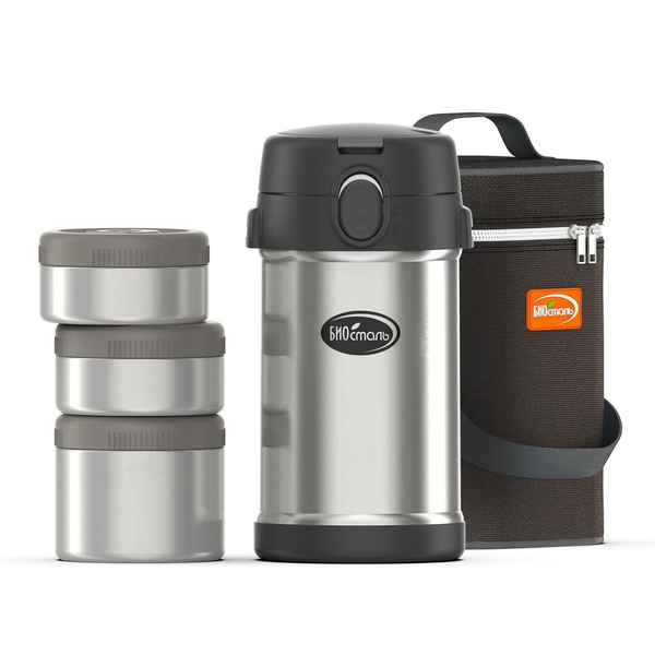 Термос для еды Biostal 2,1 л с 3-мя металлическими контейнерами, с термочехлом и ложкой