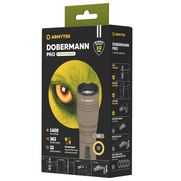Фонарь тактический ArmyTek Dobermann Pro Magnet USB (1400 лм, теп. свет, аккумулятор) Sand