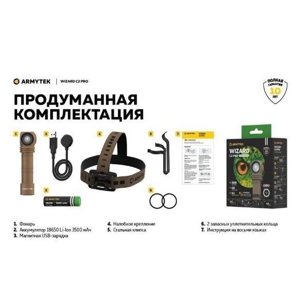 Мультифонарь светодиодный Armytek Wizard C2 Pro Magnet SandUSB+18650 (2500лм, холодный свет, аккумулятор)