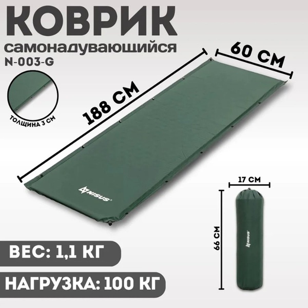 Коврик самонадувающийся Nisus N-003-G (188x60x3 см)