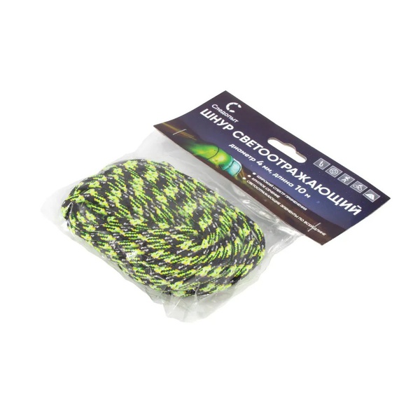 Шнур светоотражающий Следопыт (d-4 мм, L-10 м) черный/лимонный