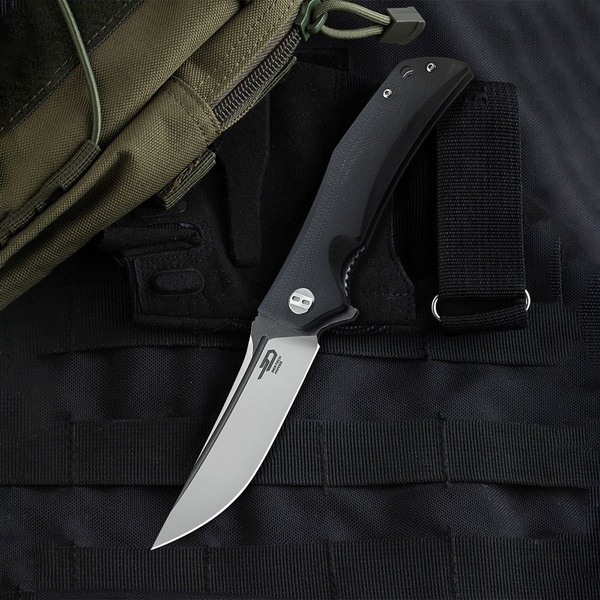 Нож Bestech Scimitar (сталь D2, рукоять G10) черный, blackwash + satin обработка