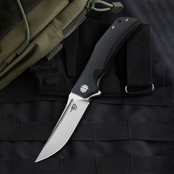 Нож Bestech Scimitar (сталь D2, рукоять G10) черный, stonewash + satin обработка