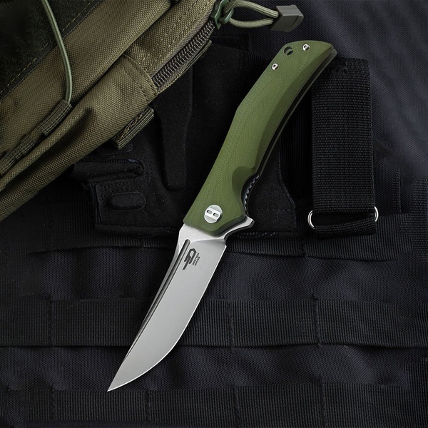 Нож Bestech Scimitar (сталь D2, рукоять G10) зеленый, stonewash + satin обработка