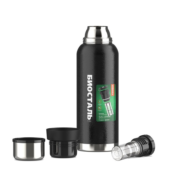 Термос Biostal Охота NBR-1200Z-C (2 чашки, с ситечком) чёрный, 1,2 л