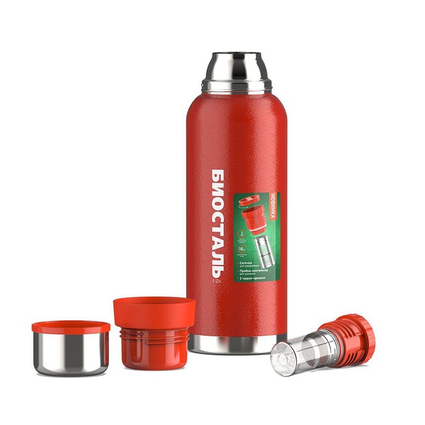 Термос Biostal Охота NBR-1200Z-R (2 чашки, с ситечком) красный, 1,2 л