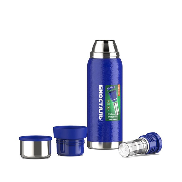 Термос Biostal Охота NBR-750Z-B (2 чашки, с ситечком) синий, 0,75 л