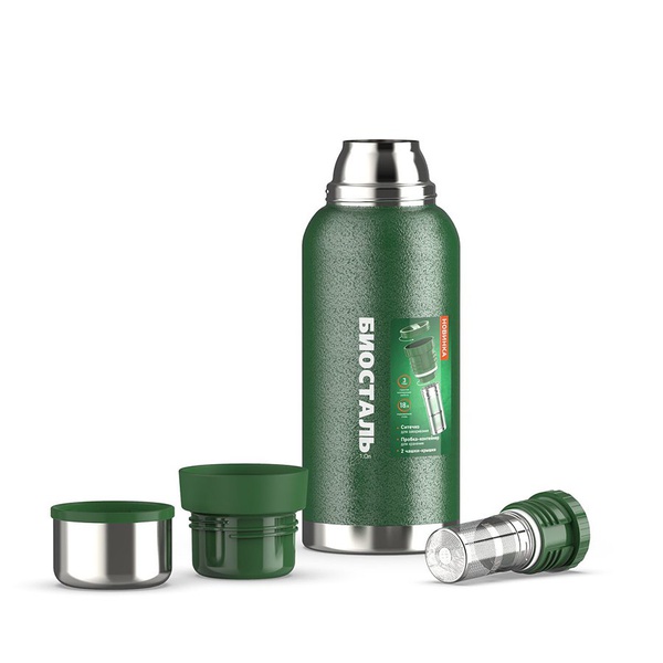 Термос Biostal Охота NBR-1000Z-G (2 чашки, с ситечком) зелёный, 1,0 л