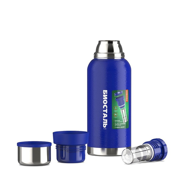 Термос Biostal Охота NBR-1000Z-B (2 чашки, с ситечком) синий, 1,0 л