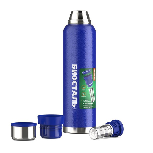 Термос Biostal Охота NBR-1600Z-B (2 чашки, с ситечком) синий, 1,6 л
