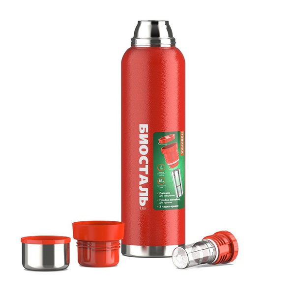Термос Biostal Охота NBR-1600Z-R (2 чашки, с ситечком) красный, 1,6 л