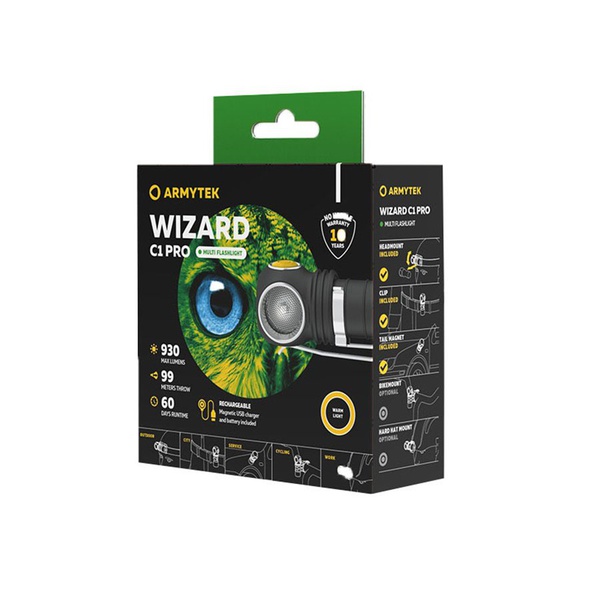 Мультифонарь ArmyTek Wizard C1 Pro Magnet USB чёрный, (930 лм, теплый свет, аккумулятор)