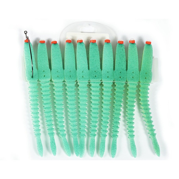 Приманки поролоновые Россия 3D Ex Worm (10шт набор) зелёный, 14см под офсетный крючок размер 3/0, 4/0, 5/0