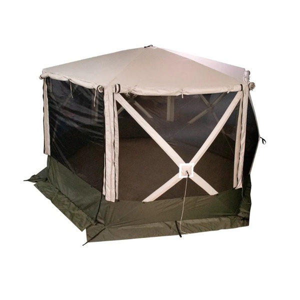 Шатер Следопыт быстросборный, 6 стен (3,35х3,85х2,25 м) бежевый/зелёный